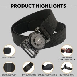 TUSHI Quick Release Tactical Belt for Men, Military Style Nylon Web Hiking Belt with Heavy Duty Seatbelt Buckle, Black, Free Size