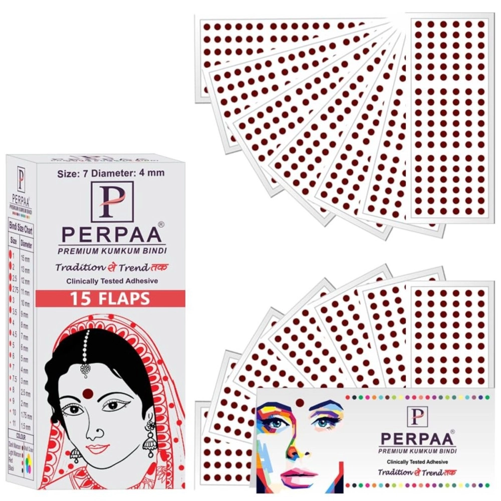 PERPAA Premium Velvet Sticker Kumkum Bindi Box of 15 Flaps - Pottu for Women,Ladies, Girls (Size 7, Diameter 4mm, Dark Maroon), Self Adhesive