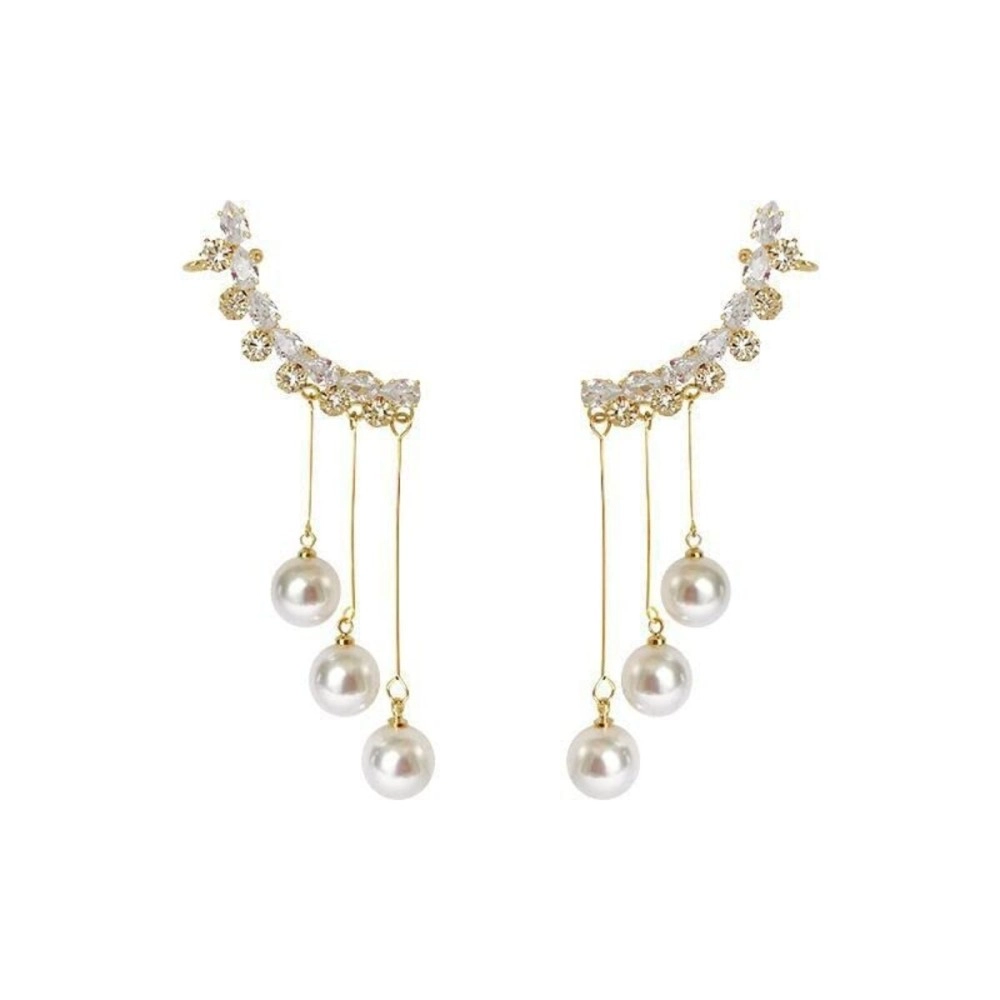 Vembley Korean Gold-plated Zircon Studded Ear Cuff With Pearl Tassel Long Earrings For Women And Girls 2Pcs/Set, OneSize, Cubic Zirconia, No Gemstone
