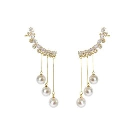 Vembley Korean Gold-plated Zircon Studded Ear Cuff With Pearl Tassel Long Earrings For Women And Girls 2Pcs/Set, OneSize, Cubic Zirconia, No Gemstone