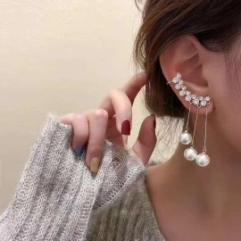 Vembley Korean Gold-plated Zircon Studded Ear Cuff With Pearl Tassel Long Earrings For Women And Girls 2Pcs/Set, OneSize, Cubic Zirconia, No Gemstone
