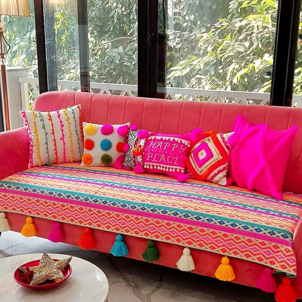 WWW.THROWPILLOW.IN Throw Pillow Rainbow Multicoloured Festive Printed Tassel Sofa Cover Regular Shape Sofa Cover (3 Seater) OS