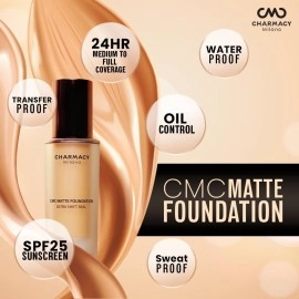 Charmacy Milano Matte Foundation 02 Cream- 30 Ml,With Spf 25 Sun Protection, Buildable Coverage,Instant Hydrating,Light Weight,Suitable For All Skin Types,Seamless Blend,Flawless Finish,No Tube