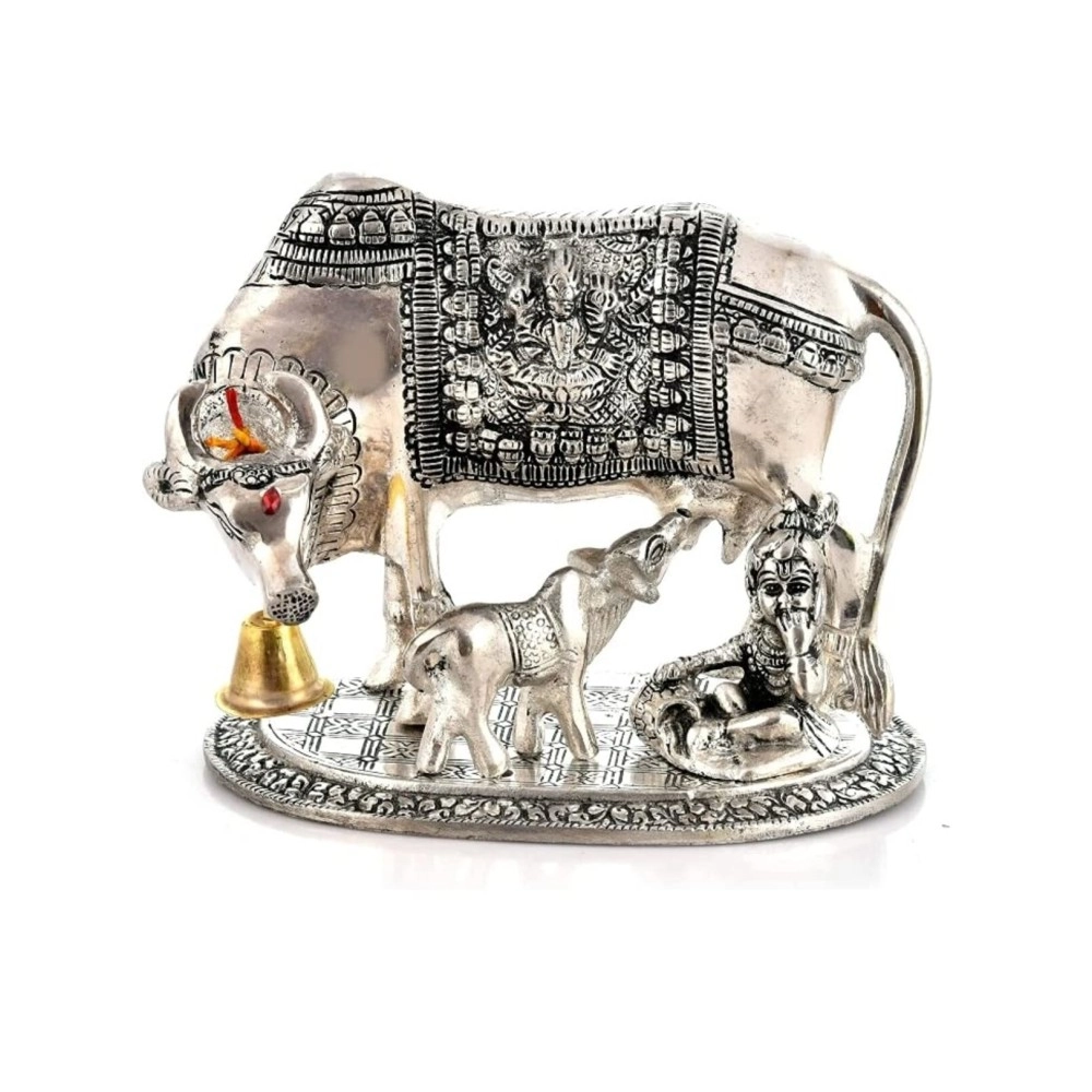 LABHCART Handcrafted Brass Golden Kamdhenu Cow with Calf, Vastu Gau MATA Idol, Spiritual Vastu Nandi Pooja Figurine Sculpture, Kamdhenu Cow & Calf Idol for Home and Office