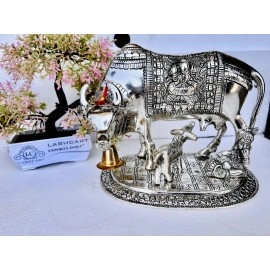 LABHCART Handcrafted Brass Golden Kamdhenu Cow with Calf, Vastu Gau MATA Idol, Spiritual Vastu Nandi Pooja Figurine Sculpture, Kamdhenu Cow & Calf Idol for Home and Office