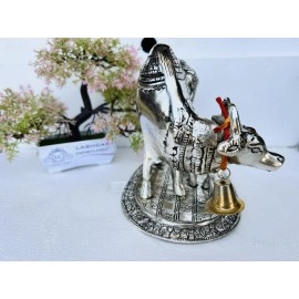 LABHCART Handcrafted Brass Golden Kamdhenu Cow with Calf, Vastu Gau MATA Idol, Spiritual Vastu Nandi Pooja Figurine Sculpture, Kamdhenu Cow & Calf Idol for Home and Office