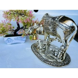 LABHCART Handcrafted Brass Golden Kamdhenu Cow with Calf, Vastu Gau MATA Idol, Spiritual Vastu Nandi Pooja Figurine Sculpture, Kamdhenu Cow & Calf Idol for Home and Office