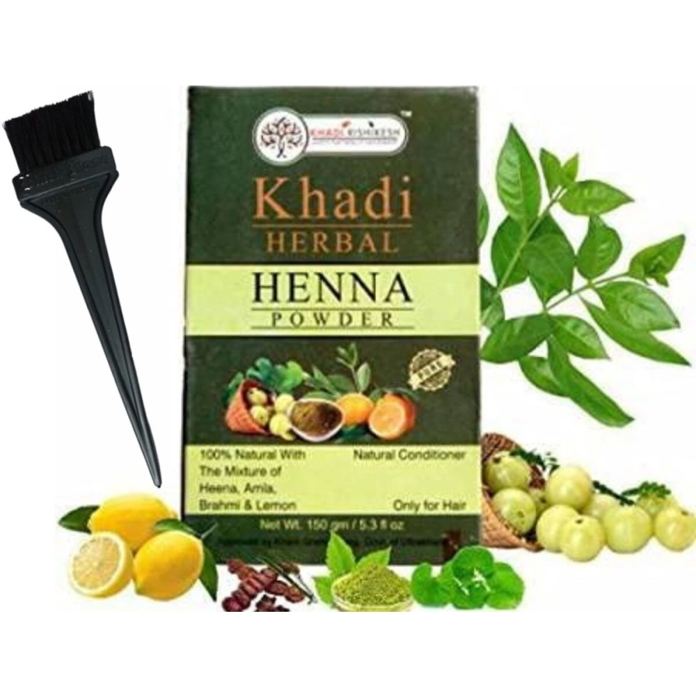 Khadi Rishikesh Ayurvedic Henna Powder ()- 100% Pure With Amla & Lemon, Natural Conditioner & Anti-Dandruff , Repairs Damaged Hair, UNISEX -CHEMICAL FREE -150GM WITH HAIR COLOURING BRUSH FREE