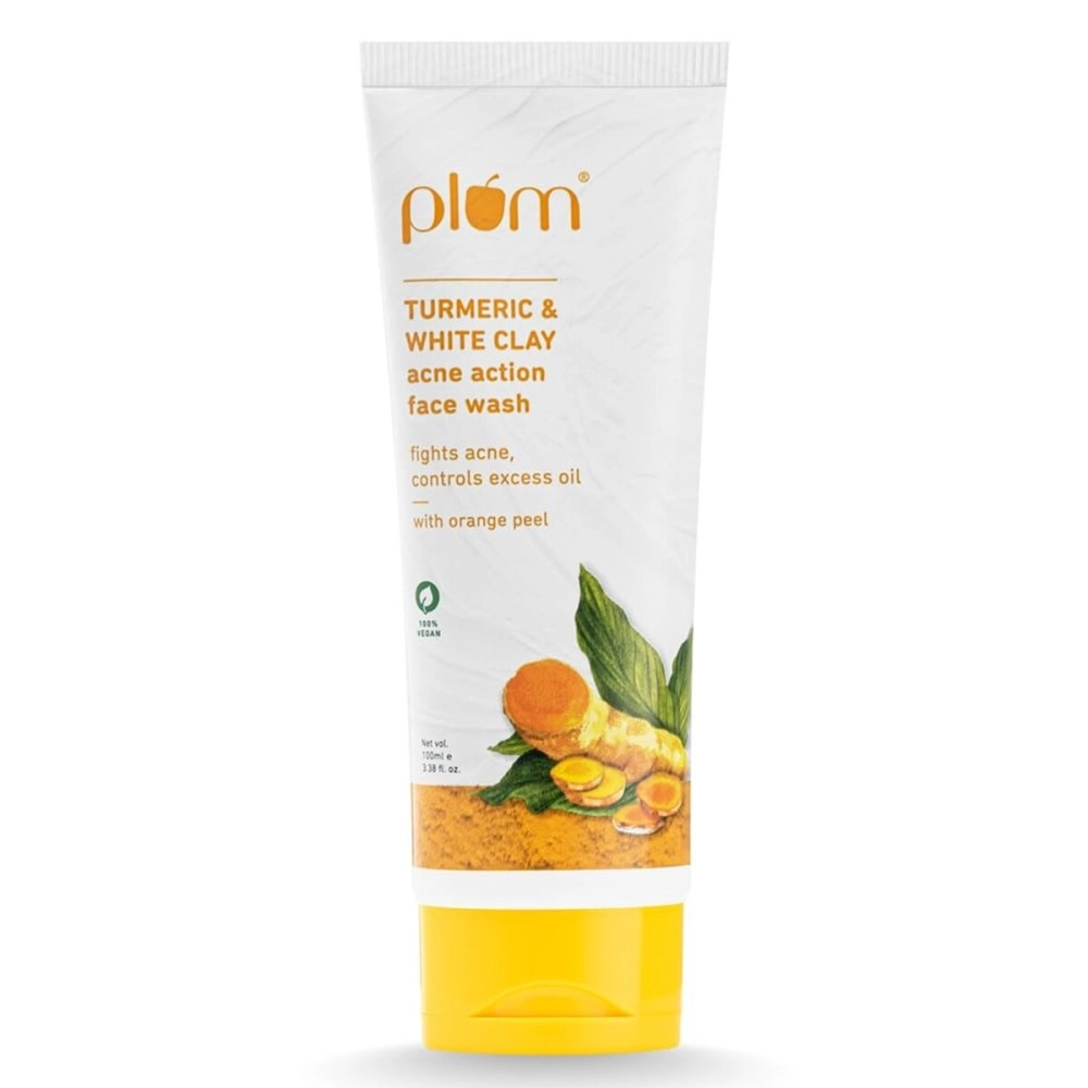 Plum Turmeric & White Clay Acne Action Face Wash | Fights Acne & Controls Excess Oil | With Turmeric & Orange Peel | Non-Drying, Clay-Based, Sulphate Free Face Wash | 100% Vegan | 100ml