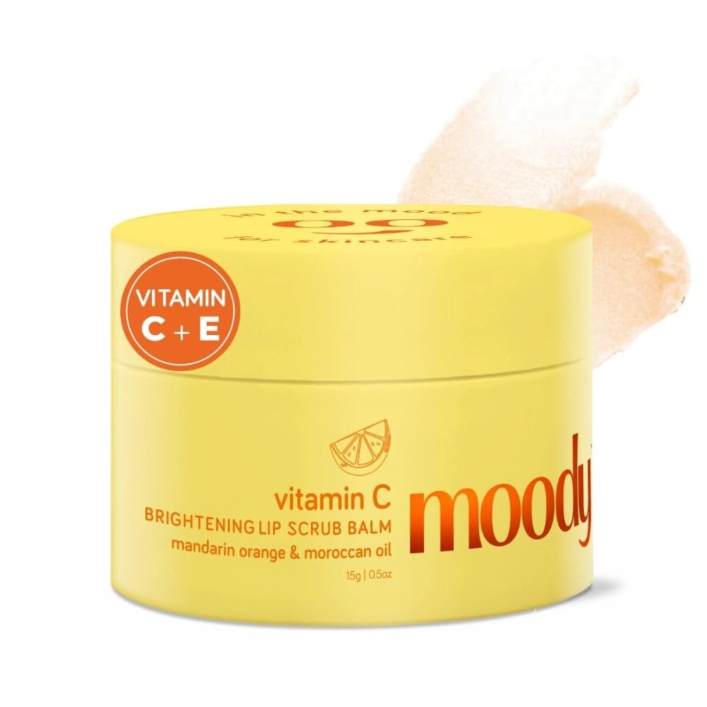 Moody Vitamin C Brightening Lip Scrub Balm for Dry, Pigmented Lips | Moroccan Oil for Nourishment & Mandarin Orange | Glycerine, Tumeric | Vegan & Cruelty Free - for Men & Women, 15gm