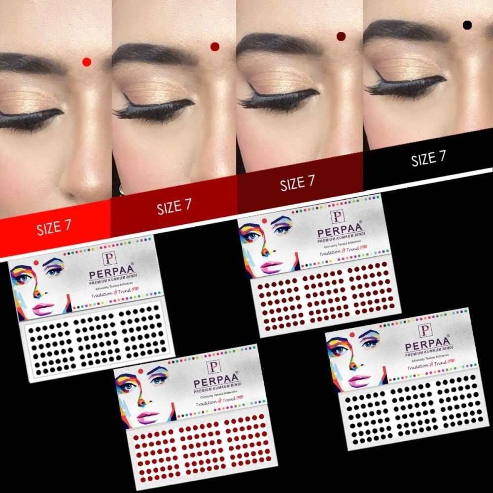 Perpaa Multicolor Bindi for Women Pack of 8 Flaps 2 Red Bindi for Women, 2 Light Maroon, 2 Dark Maroon,2 Black (Size 7, Diameter 4mm)
