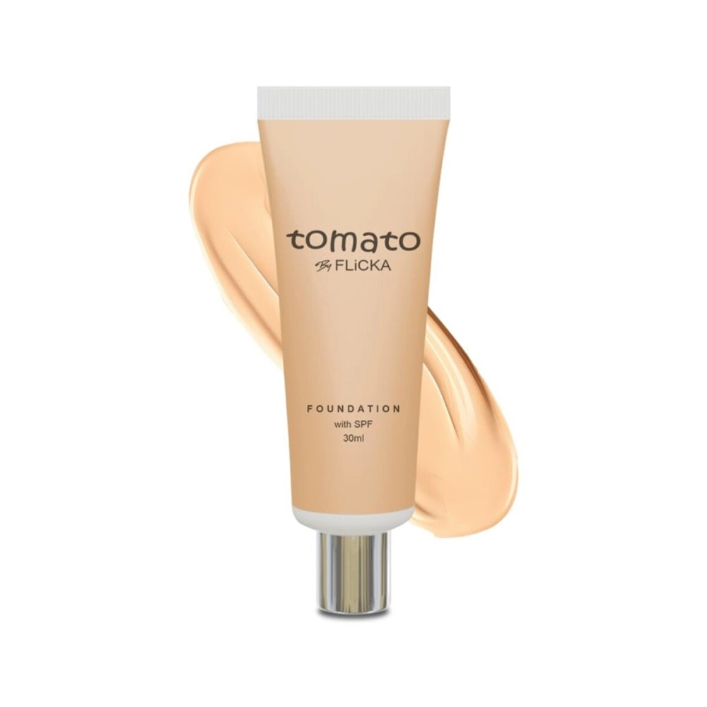 FLiCKA Tomato Liquid Foundation for Face Makeup 30ml | Light to Medium to Buildable Coverage | Moisturizing, Lightweight & Long Lasting | All Skin Types | 02 Beige