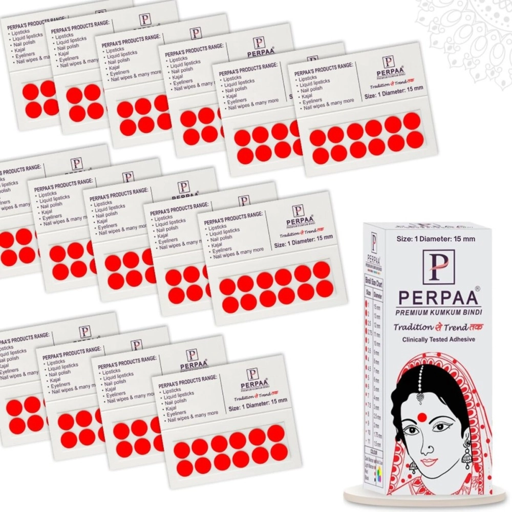 PERPAA Kumkum Velvet Round Bindi Box of 15 Flaps for Ladies Women Forehead Bindi (Stick On) (Size 1 , Diameter 15mm, Red)