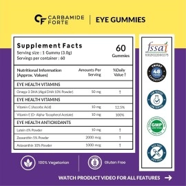 Carbamide Forte Eye Gummies - Lutein and Zeaxanthin Eye Supplements with Astaxanthin, Veg DHA and Vitamin C for Vision Support & Eye Health - Cranberry Flavour - 60 Veg Gummies