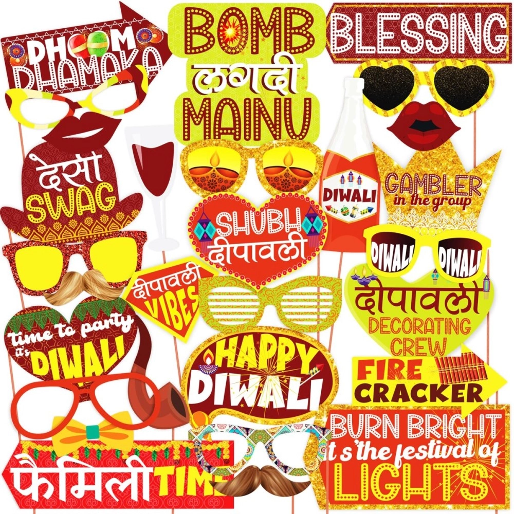 WOBBOX Diwali Decoration Happy Diwali Photo Booth Party Props, Yellow & Orange Colour, Diwali Decoration Item, Diwali Dcor Items (29 Pcs)