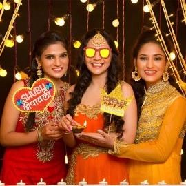 WOBBOX Diwali Decoration Happy Diwali Photo Booth Party Props, Yellow & Orange Colour, Diwali Decoration Item, Diwali Dcor Items (29 Pcs)