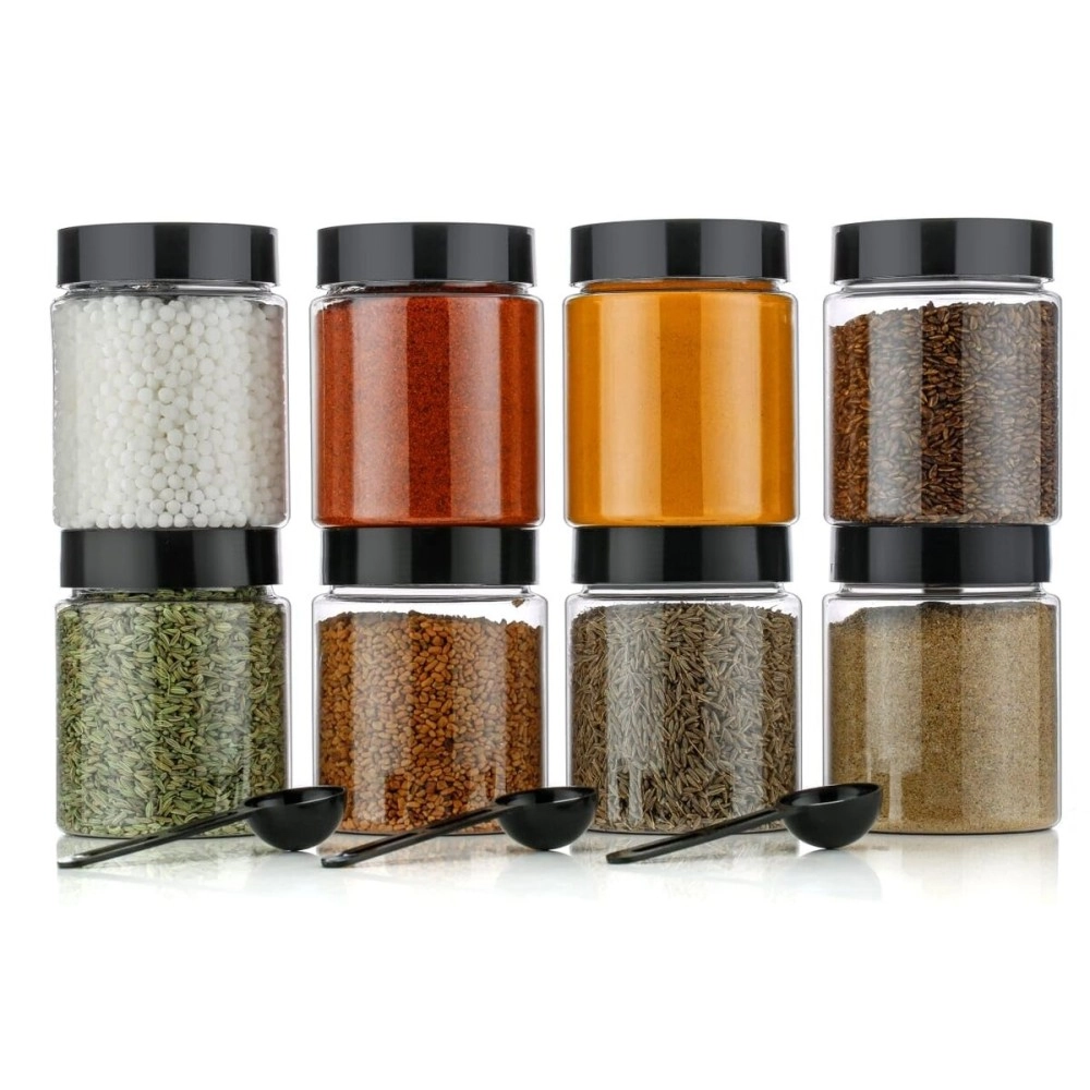 HAPPI Multipurpose Unbreakable Plastic Transparent Storage Containers For Kitchen Airtight Masala Box Dabba Spice, Cereal, Dry Fruits Spice Box 250 Ml Round With Spoons (Set Of 8 Pcs), Black