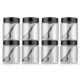 HAPPI Multipurpose Unbreakable Plastic Transparent Storage Containers For Kitchen Airtight Masala Box Dabba Spice, Cereal, Dry Fruits Spice Box 250 Ml Round With Spoons (Set Of 8 Pcs), Black