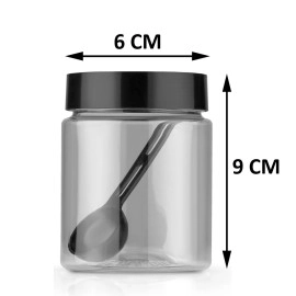 HAPPI Multipurpose Unbreakable Plastic Transparent Storage Containers For Kitchen Airtight Masala Box Dabba Spice, Cereal, Dry Fruits Spice Box 250 Ml Round With Spoons (Set Of 8 Pcs), Black