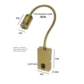 Mufasa 3 Watts Golden Finish LED Bedside Wall Light Surface Mounted Spotlight Reading Light Night Lamp Long Arm 28Cm Gooseneck (Pack of 1) (Warm White), 3W LUMINAIRES