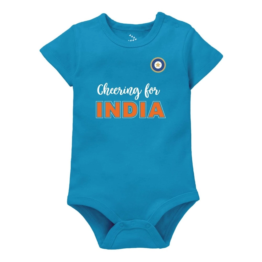 Zeezeezoo Cheering For Team India Cricket Baby Romper Bodysuit 100% Cotton, Blue, 6-12 M