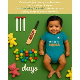 Zeezeezoo Cheering For Team India Cricket Baby Romper Bodysuit 100% Cotton, Blue, 6-12 M