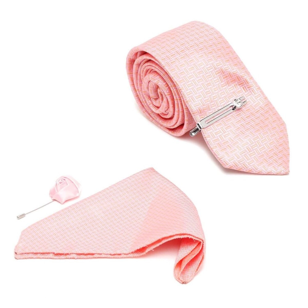 MUTAQINOTI Mens Peach Silk Necktie Set Incl Pocket Square Chrome Tiepin Brooch American Style Formal Tie Gift Set for Men (TECPBHPE), Checkered Peach, One Size