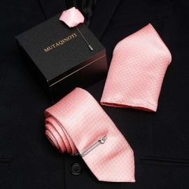 MUTAQINOTI Mens Peach Silk Necktie Set Incl Pocket Square Chrome Tiepin Brooch American Style Formal Tie Gift Set for Men (TECPBHPE), Checkered Peach, One Size