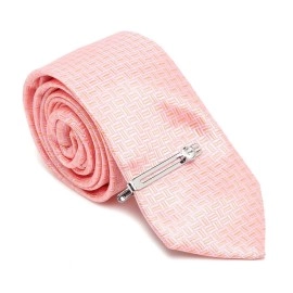 MUTAQINOTI Mens Peach Silk Necktie Set Incl Pocket Square Chrome Tiepin Brooch American Style Formal Tie Gift Set for Men (TECPBHPE), Checkered Peach, One Size