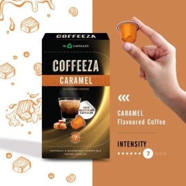 COFFEEZA Caramel Flavoured Aluminium Capsules, Intensity 7, Nespresso Compatible Pods Box Of 1 (10 Capsules)