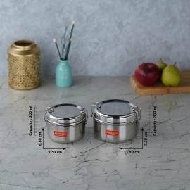 Sumeet Stainless Steel Meal Pack Lunch Box/Tiffin with Steel Separator Plate and Locking Clip, Set of 2Pc, 250ML & 300ML, 9.5cm & 11.5cm Dia, Silver
