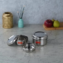 Sumeet Stainless Steel Meal Pack Lunch Box/Tiffin with Steel Separator Plate and Locking Clip, Set of 2Pc, 250ML & 300ML, 9.5cm & 11.5cm Dia, Silver