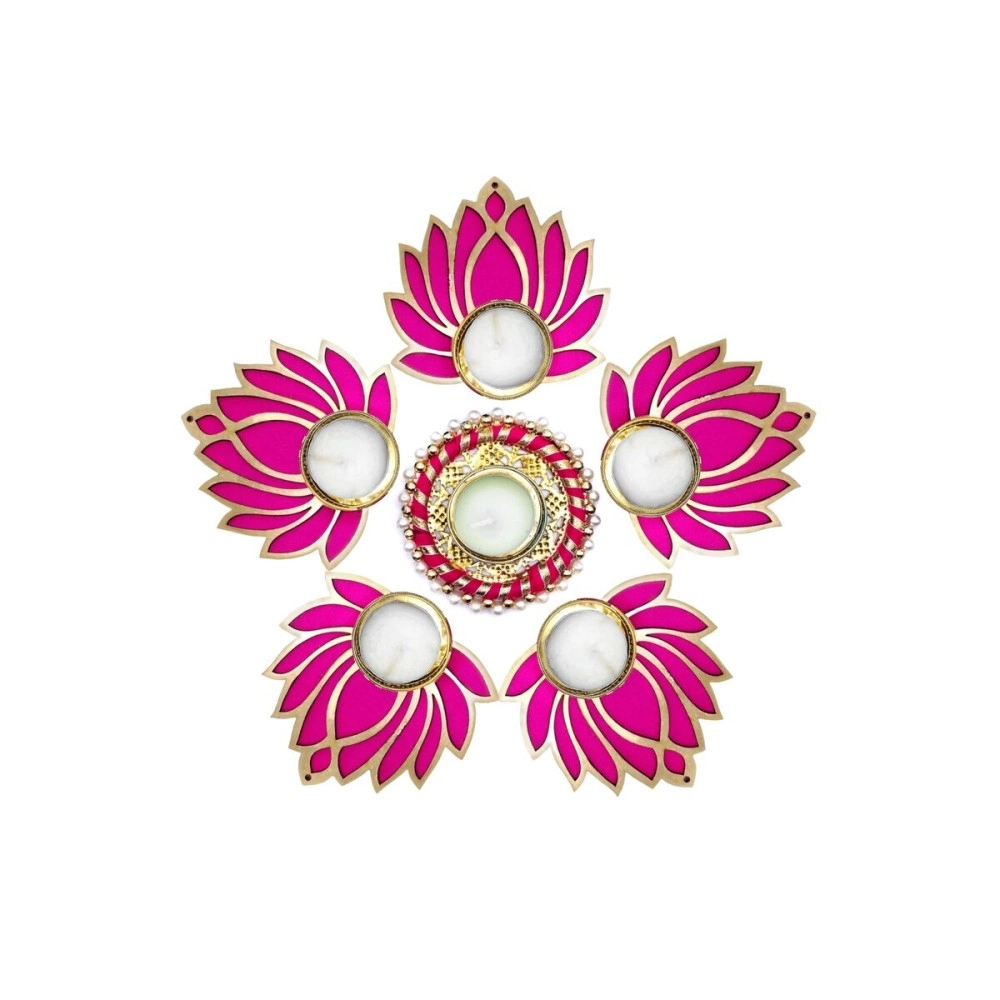 ProKart Premium Pink Lotus Wooden Chudi Diya Rangoli with Moti Beads Centre Diya | Decoration for Diwali, Dashera, Rangoli, Pooja, Decorations, Festival, Wedding Decorations (Pink, Pack of 6)