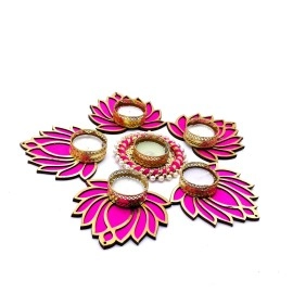 ProKart Premium Pink Lotus Wooden Chudi Diya Rangoli with Moti Beads Centre Diya | Decoration for Diwali, Dashera, Rangoli, Pooja, Decorations, Festival, Wedding Decorations (Pink, Pack of 6)
