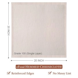 eFond 3-PACK Hemmed Cheese Cloths, 20x20Inch, Grade 100 Cheesecloth for Straining Cooking Reusable Washable, Ultra Fine Mesh Cloth Strainer, Muslin Cloth for Straining, Baking, Cheese Making, Juicing