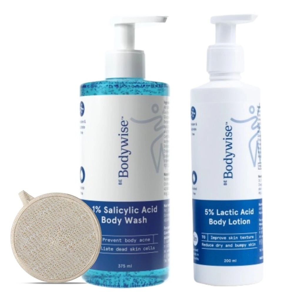 Be Bodywise 1% Salicylic Acid Bodywash 375 mL with Loofah & 5% Lactic Acid Lotion 200 mL for Women | Helps to Prevent Body Acne, Cleanses Skin & Nourishes Skin | Paraben and SLS Free