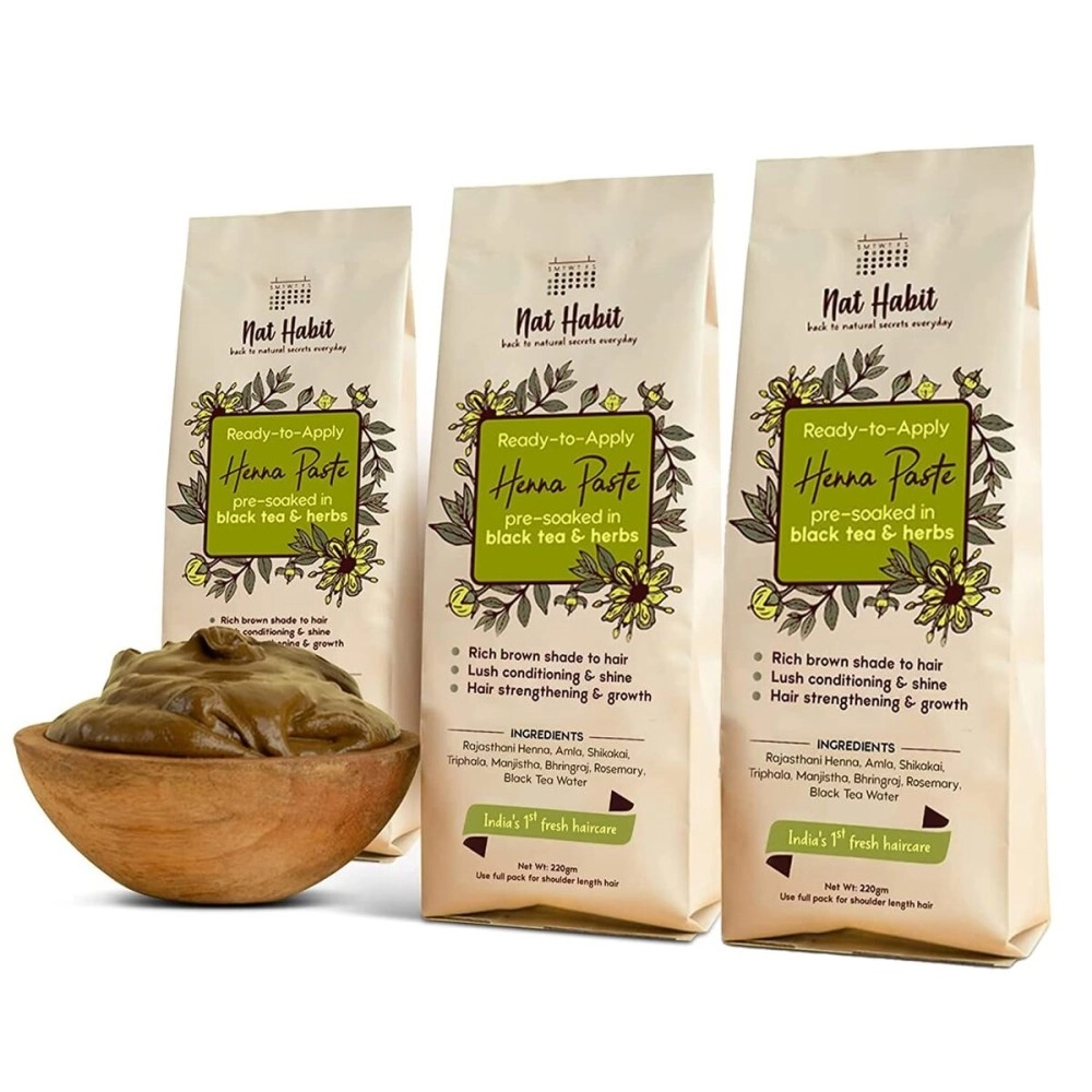 Nat Habit - Fresh Ready To Apply Henna Paste, Pre-Soaked in Black Tea and Herbs,100% Natural Rajasthani Henna, Imparts Rich Brown Shade (Pack of 3 x 220g)