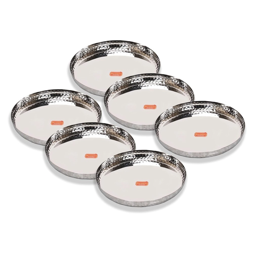 Sumeet Stainless Steel Handcrafted Hammered Texture Heavy Gauge Mirror Finish Royal Dinner Plate Set of 6 Pieces, 29.5cm Dia