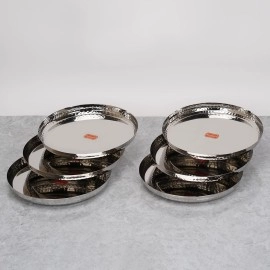 Sumeet Stainless Steel Handcrafted Hammered Texture Heavy Gauge Mirror Finish Royal Dinner Plate Set of 6 Pieces, 29.5cm Dia