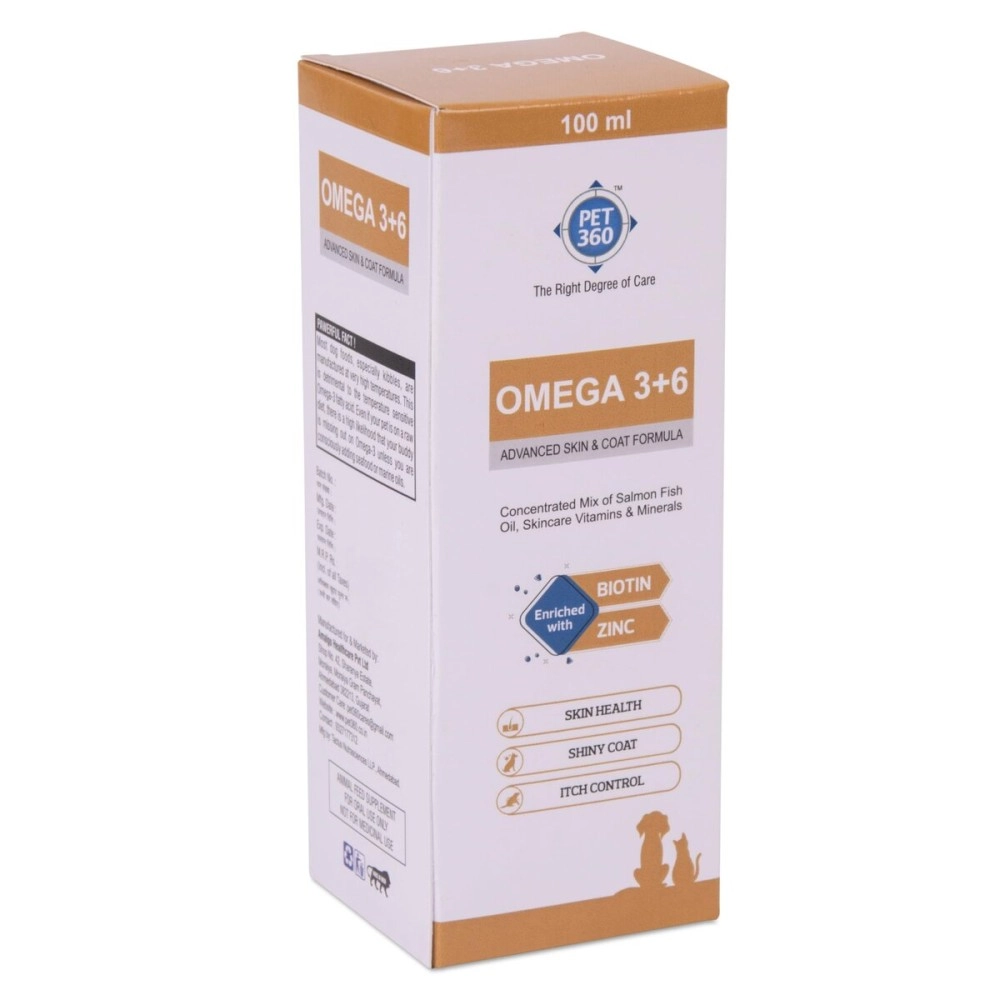 PET360 Omega 3+6 Concentrated Salmon Fish Oil for Dogs & Cats with Vitamins & Minerals - 100 ml | Shinier Coat, Itch & Allergy Control | Improves Skin & Hair Health | Nutritional Supplement for Pets