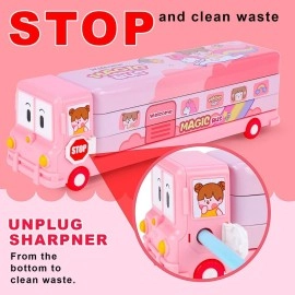 PRIME DEALS Bus Shape Pencil Box School Bus Metal Geometry Box for Kids Magic Bus with Moving Tyres with 3 Compartments Moving Tyre\'s & Sharpener Geometry Case for Boys & Girls, Pink, S, Bus Shape