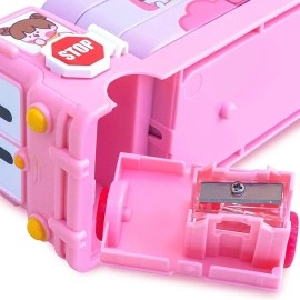 PRIME DEALS Bus Shape Pencil Box School Bus Metal Geometry Box for Kids Magic Bus with Moving Tyres with 3 Compartments Moving Tyre\'s & Sharpener Geometry Case for Boys & Girls, Pink, S, Bus Shape