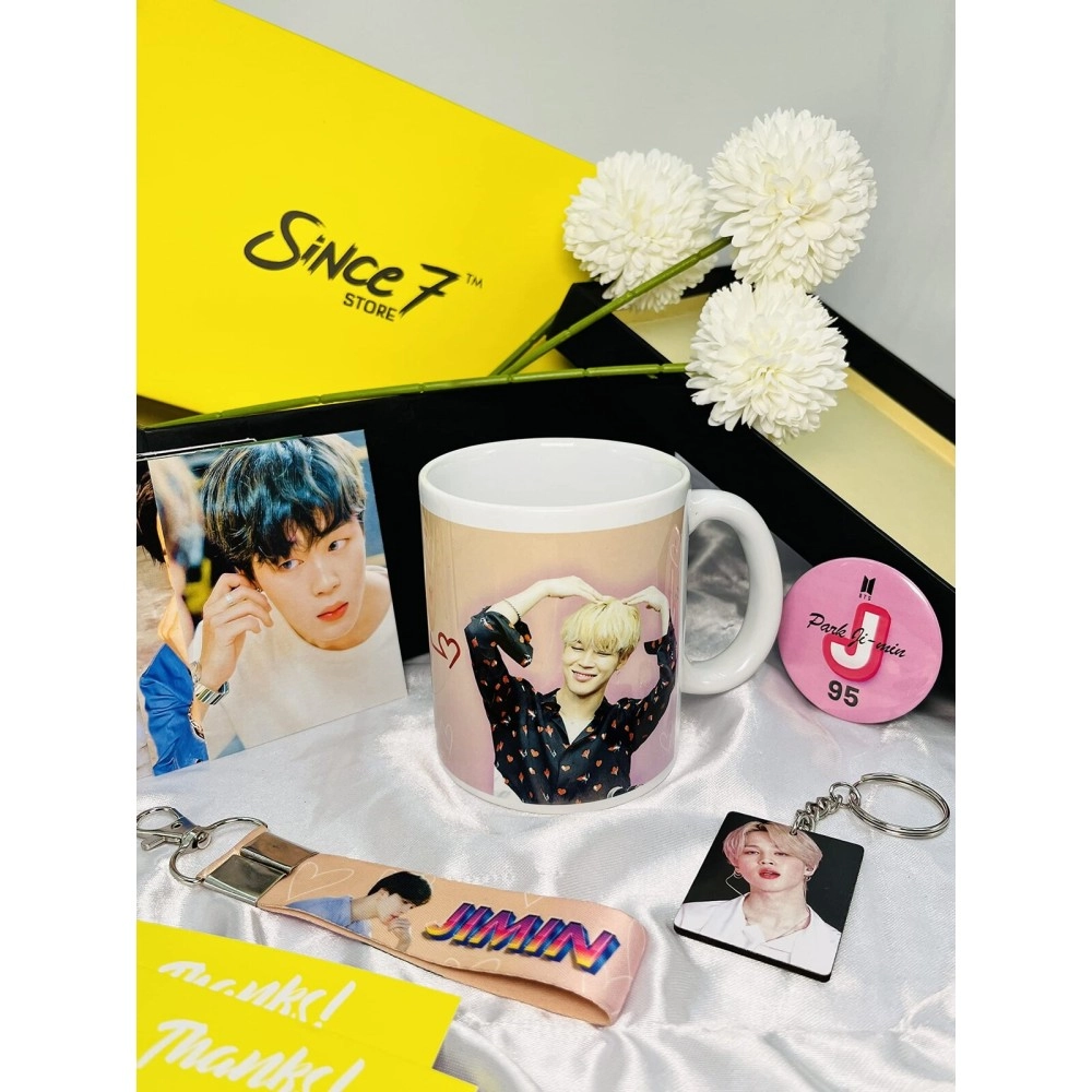 SINCE 7 STORE BTS JIMIN Gift box for BTS Fans, INCLUDES 5 products: Pack of 18 Lomocards, 1 Mug, 1 Keychain, 1 Keychain Lanyard & 1 badge/Perfect for Gifting