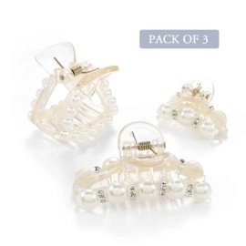 BELICIA Pearl Hair Clips White Hair Claw Clamps Crystal Hair Claw Clip Non Slip Clips Styling Hair Accessories for Women and Girls (Pack of 3)