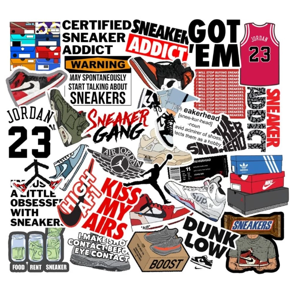 Pack of 50 - Aesthetic Sneakerhead Stickers for Laptop, Journal, Scrapbook, Diary, Guitar, Mobile - Waterproof - Gift for Sneaker Lovers