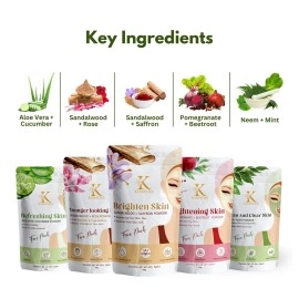 Kimayra Skin Care Combo Powder (Sandalwood + Saffron, Sandalwood + Rose, Aloevera + Cucumber, Pomegranate + Beetroot, Neem + Mint) - Face Pack Combo Powder for Natural Glow Skin - 375Gm (75G X 5 Pack)