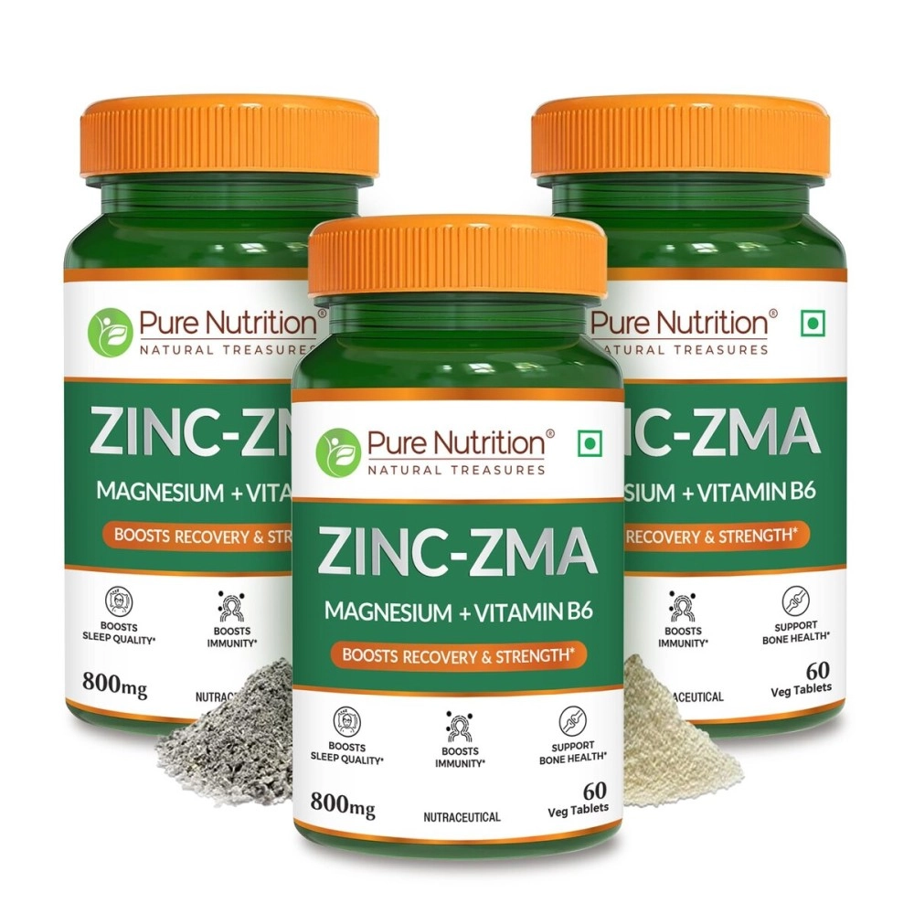 Pure Nutrition Zinc ZMA, 180 Veg Tablets (60X3) (Zinc Magnesium Aspartate & Vitamin B6) 800mg | Nightime Muscle Recovery Supplement | Boosts Muscle & Bone Strength | Improves Sleep Quality