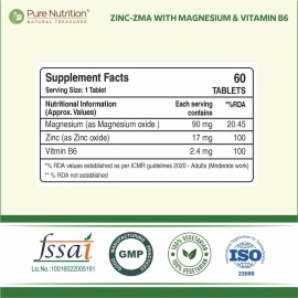 Pure Nutrition Zinc ZMA, 180 Veg Tablets (60X3) (Zinc Magnesium Aspartate & Vitamin B6) 800mg | Nightime Muscle Recovery Supplement | Boosts Muscle & Bone Strength | Improves Sleep Quality