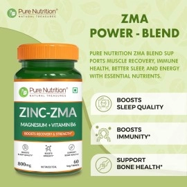 Pure Nutrition Zinc ZMA, 180 Veg Tablets (60X3) (Zinc Magnesium Aspartate & Vitamin B6) 800mg | Nightime Muscle Recovery Supplement | Boosts Muscle & Bone Strength | Improves Sleep Quality