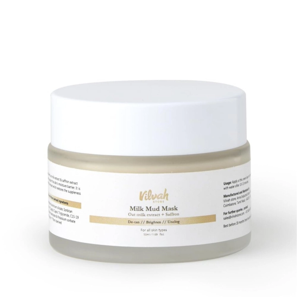 Vilvah Store Milk Mud Mask | For Detan, Non-Comedogenic, Non-Irritant & Unclogged Pores | With Oat Milk Extract | Kaolin Clay | for Men & Women | 50 ML
